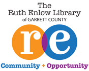 The Ruth Enlow Library of Garrett County logo - orange r with blue e and purple intersect - Community + Opportunity