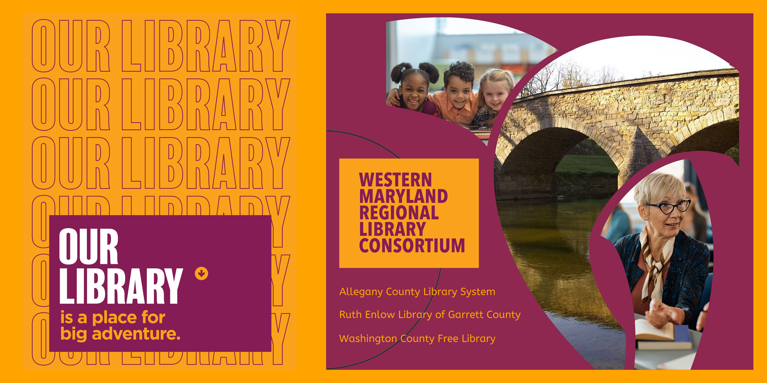 Our Library logo with 3 images of children, stone bridge and older woman
