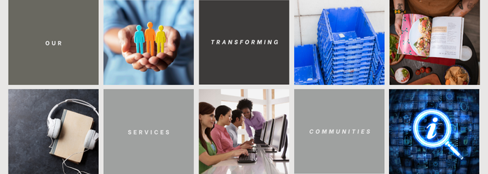 10 blocks with text and stock photos Our Services Transforming Communities text