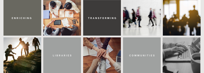 About Us Heading -stock image blocks with text Enriching Libraries Transforming Communities
