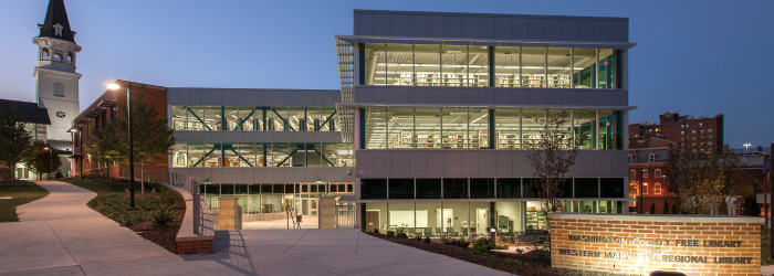 Western Maryland Regional Library at dusk